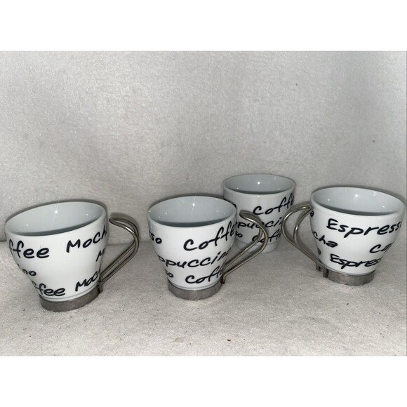 Vintage Espresso Coffee Tea Cups Italian Style Set Of 4 Metal Handle Mocha White - Picture 1 of 6